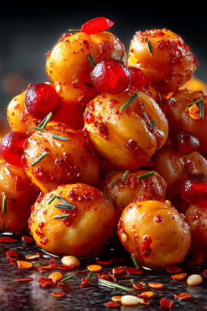Roasted chickpeas tossed in paprika seasoning piled high with dramatic shadows on a sleek dark surface.の素材