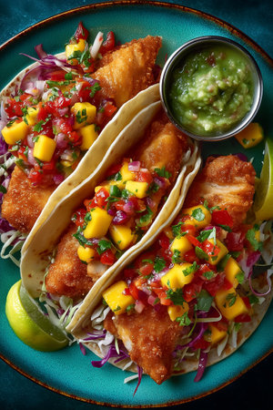 Crispy fish tacos topped with fresh mango salsa arranged on turquoise ceramic plate. Bright colors and textures create appetizing display. Concept of restaurants, food blogs, catering services.の素材