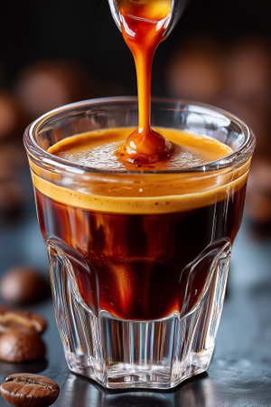 Espresso shot drips into clear glass creating rich crema. Dark roastery ambiance adds warmth. Concept of coffee culture, barista artistry, specialty coffee.の素材