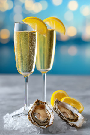 Oysters glisten on ice with lemon wedges beside flutes of champagne against a bokeh backdrop. Elegant setting enhances dining experience at seafood bar.の素材