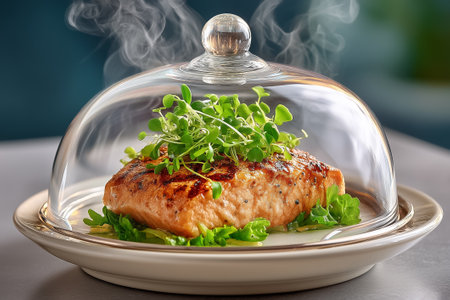 Silver cloche is lifted to reveal gourmet salmon fillet topped with microgreens. Dramatic steam rises in dimly lit restaurant setting. Concept of gastronomy, culinary arts, fine dining.の素材