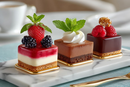 Three exquisite desserts presented on marble slab, showcasing a rich color palette and luxurious textures. Ideal for upscale restaurants and catering services.の素材