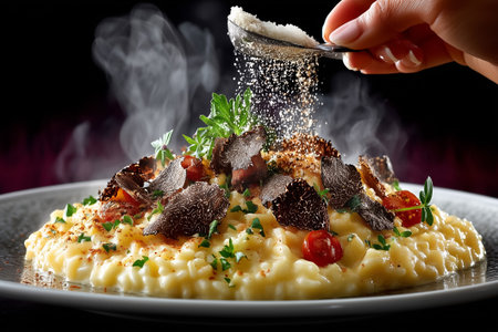 Hand grating truffle enhances creamy risotto in upscale ambience with steam rising. Elegant dining experience showcasing gourmet cuisine, ideal for restaurant, catering, culinary arts.の素材