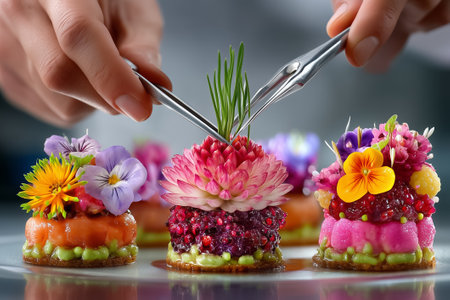Chef uses tweezers to artistically arrange edible flowers on stunning dessert. Bright stainless kitchen backdrop enhances modern culinary artistry.の素材