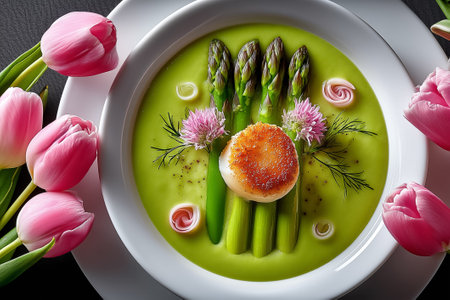 Colorful asparagus veloute garnished with scallop and fresh herbs arranged artfully. Soft floral accents add elegance. Concept of gourmet cuisine, culinary artistry, fine dining.の素材