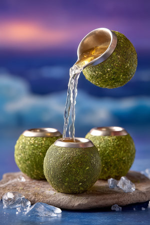 Gourds clink as hot water flows over yerba mate, creating a sparkling display. Set against a vibrant sunset over the water, this image captures tradition and culture.の素材