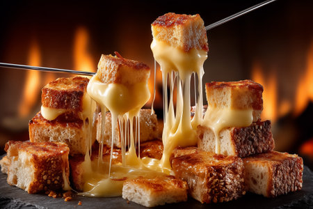 Crusty bread cube lifted, fondue cheese cascades in thick strings. Warm atmosphere near alpine lodge fireplace. Concept of dining experiences, gourmet food, winter retreats.の素材