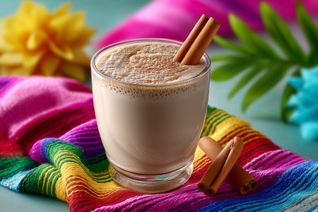 Creamy horchata swirls with cinnamon sticks, creating a mesmerizing vortex. Colorful textile adds fiesta spirit in vibrant setting. Concept of beverage industry, culinary arts, event planning.の素材