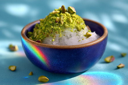 Vibrant Persian faloodeh topped with crushed pistachios and rosewater drizzle glistens under soft lighting. Bright turquoise background enhances colorful presentation.の素材
