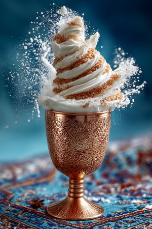 Swirling froth of Turkish ayran in decorative copper goblet with a vibrant blur of Anatolian carpet in the background. Concept of beverage service, dining experience, cultural cuisine.の素材
