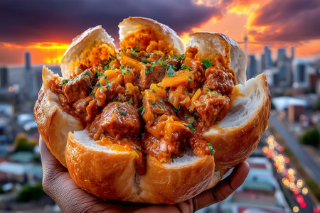 Handheld view of south African bunny chow loaf torn open, revealing flavorful curry steaming in twilight. Urban city skyline serves as backdrop.の素材