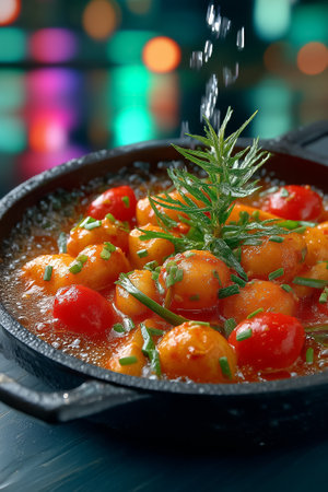Korean tteokbokki rice cakes bubbling energetically in fiery gochujang broth. Dramatic close-up features red sauce splattering against neon reflections.の素材