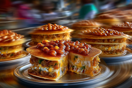 Venezuelan cachapa folds reveal stretchy queso de mano between corn pancakes with char lines. Carnival fairground background enhances festive atmosphere.の素材