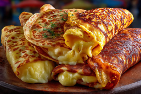Venezuelan cachapas folded with melted queso de mano feature charred lines and golden hue. Bright fairground blurred in background adds festive atmosphere.の素材