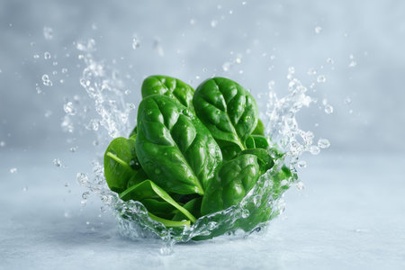 Fresh spinach splashes dramatically into clear water, captured in a freeze frame. Clean light gray background enhances the vibrant green. Concept of culinary art, healthy eating, produce markets.の素材