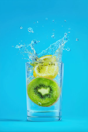 Kiwi and lemon splash into clear juice creating a freeze-frame effect with bright blue background. Concept of beverage, fruit drink, fresh ingredients highlighting health and refreshment.の素材