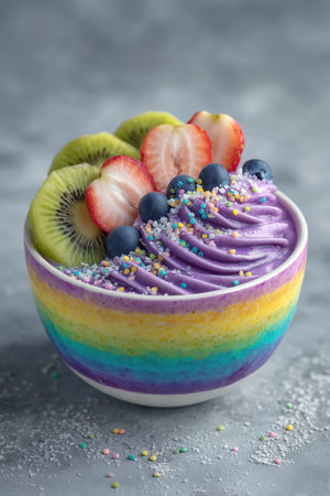 Vibrantly colored rainbow smoothie bowl topped with kiwi, strawberry, and blueberry in a studio setting. Clear white background enhances the appealing presentation.の素材