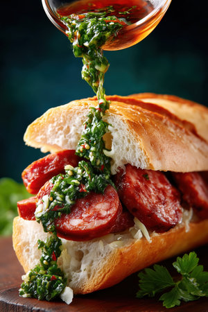 Choripan sliced open with chimichurri cascading over chorizo, vibrant colors evoke the excitement of game day. Concept of street food, culinary delights, sports events.の素材