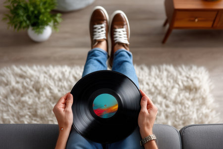 Man plays vinyl record while sitting on soft carpet in casual living space. Warm, nostalgic atmosphere created by retro music vibes. Concept of music appreciation, home entertainment, lifestyle.の素材