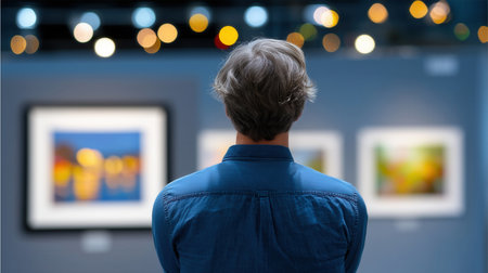Person gazes at unique digital artwork in gallery with soft bokeh lights. Ample wall space surrounds framed pieces creating inviting atmosphere. Concept of art galleries, digital art, exhibitions.の素材