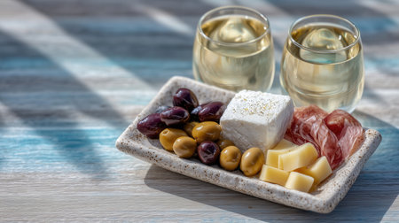 Assorted Mediterranean tapas arranged on a textured plate showing olives, cheese, and cured meats. Bright natural lighting enhances this inviting setting.の素材