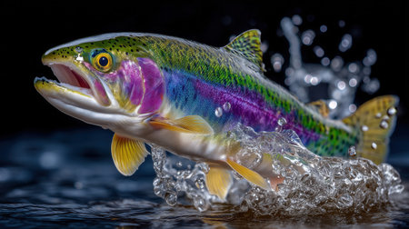 Fish breaks water surface with incredible agility and vivid colors. Dramatic splashes freeze the moment showing nature's excitement. Concept of fishing, wildlife photography, outdoor adventure.の素材