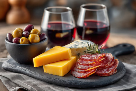 Flat-lay composition of Mediterranean tapas showcasing olives, cheese, and cured meats alongside wine glasses. Vibrant natural lighting creates inviting atmosphere.の素材