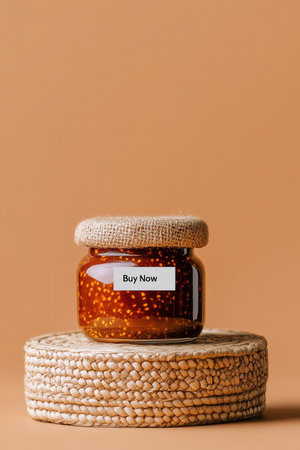 Organic jam fills neat jar showcased in minimalist design with warm earthy tones. Clean background with focus on jar and buy now button. Concept of gourmet food, online shopping, specialty goods.の素材