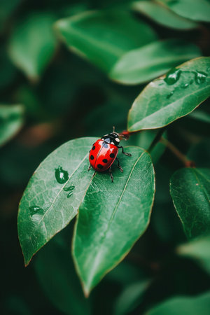 Ladybug crawls on fresh green leaf in close-up focus with blurred foliage backdrop creating a peaceful atmosphere. Concept of pest control, gardening, nature appreciation.の素材