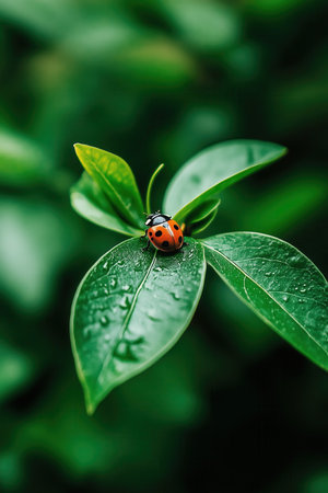 Ladybug resting on green leaf highlights its role in natural pest control. Soft focus background enhances detail of insect and foliage. Concept of gardening, agriculture, eco-friendly solutions.の素材