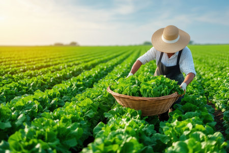 Farmer gathering lush green lettuce in wicker basket among neat rows of thriving plants. Bright daylight setting with expansive fields. Concept of agriculture, organic farming, sustainability.の素材