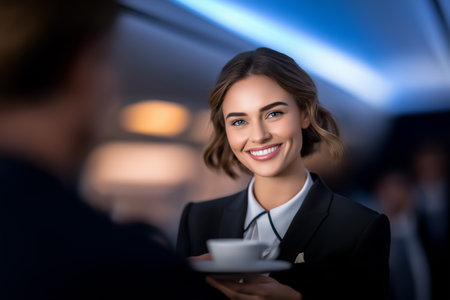 Airline attendant presents hot coffee with a friendly smile. Modern cabin airplane setting features soft blue lighting and a professional atmosphere. Concept of hospitality, travel, aviation.の素材
