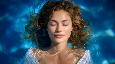 Woman floating peacefully underwater with eyes closed. Captivating serene blue water setting enhances tranquility. Concept of relaxation, wellness, spa.の素材