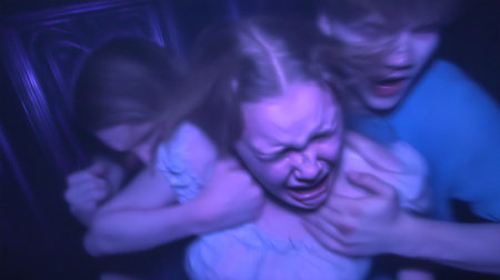 Friends scream and cling to each other while navigating dark haunted house with strobe lights creating a terrifying effect. Focus on one girl showing fear in her expression.の素材