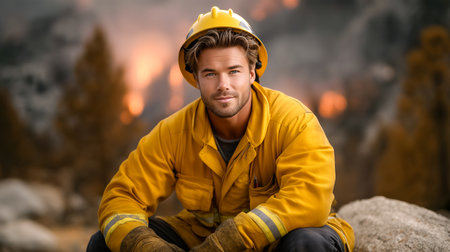 Firefighter sits calmly on rocks wearing bright yellow protective gear. Fiery background hints at wildfire in forested area. Concept of emergency services, fire safety, environmental awareness.の素材