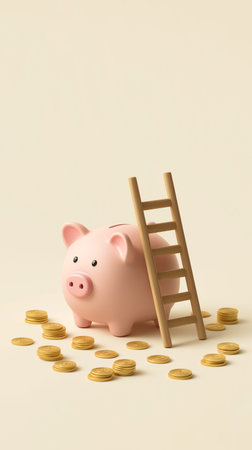 Piggy bank positioned with wooden ladder leaning against it and coins scattered around. Clean white background showcases warm tones. Concept of finance, investment, wealth management.の素材