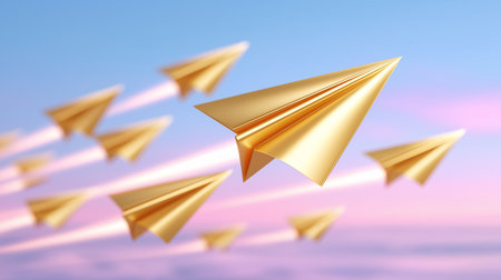 Paper planes soar through soft pastel sky with one larger golden plane leading the way. Aerial perspective creates motion blur trails. Concept of leadership, innovation, creativity.の素材
