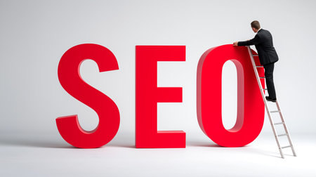 Businessman in suit climbs ladder to reach large red SEO letters in bright minimalistic office. Concept of digital marketing, growth strategy, online presence.の素材