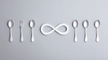 Cutlery arranged on clean light grey surface features an infinity symbol made of white. Suitable for culinary arts, modern dining, home decor, and restaurant concepts.の素材