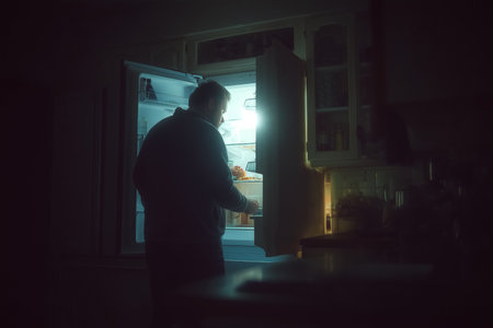 A man looks into an illuminated refrigerator at night, seeking snacks in a cozy kitchen. Soft shadows create a quiet atmosphere, reflecting moments of late-night cravings.の素材