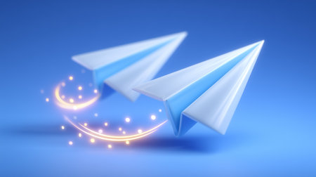 Two paper planes intertwine in midair with glowing trails, symbolizing exchange of messages and ideas. Clean pastel sky creates minimal yet dynamic style.の素材
