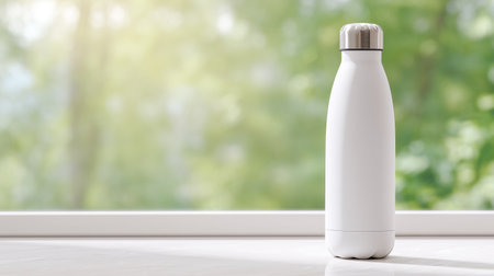 Stylish white stainless steel water bottle stands on clean windowsill. Soft natural light pours in, showcasing lush greenery outside. Concept of hydration, eco-friendly products, wellness.の素材