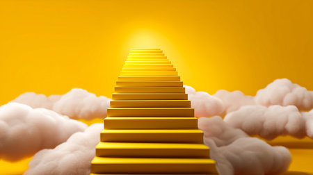 Escalator ascends into soft clouds illuminated by warm golden light. Dreamy atmosphere conveys inspiration and growth. Concept of innovation, self-improvement, personal development.の素材