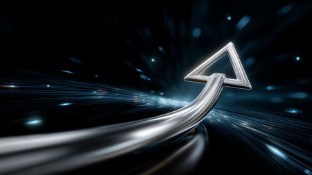 Upward-pointing arrow made from light trails symbolizes growth and direction in dark space. Futuristic design with motion blur enhances business aesthetics. Concept of technology, innovation, finance.の素材