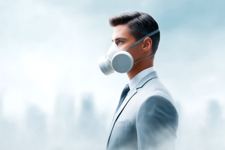 Man in business suit wears respirator in polluted urban landscape, symbolizing commitment to health and safety. Concept of corporate responsibility, environmental awareness, wellness initiatives.の素材