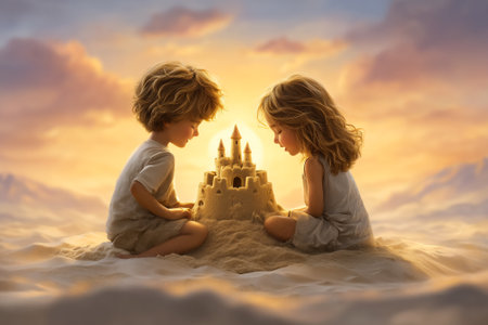 Two children focused on crafting a sandcastle together at the beach during sunset. Warm golden light envelops them, enhancing the nostalgic summer atmosphere.の素材