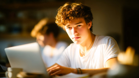 Teen boy looking at camera while working on laptop in warm, inviting workspace. Background features soft natural light and blurred objects. Concept of education, remote work, creativity.の素材