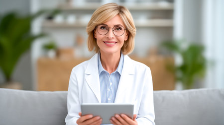Woman with glasses smiles while holding tablet in bright modern office. Clean and inviting environment filled with plants. Concept of healthcare, medical consultation, telemedicine.の素材