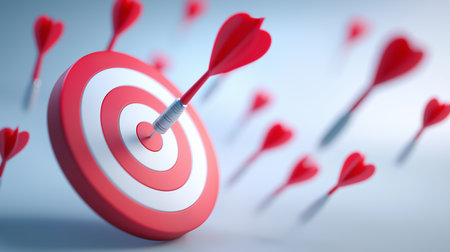 Darts are thrown at a dartboard with one dart hitting the center accurately. Neutral clean background with high contrast highlights importance of focus and direction.の素材