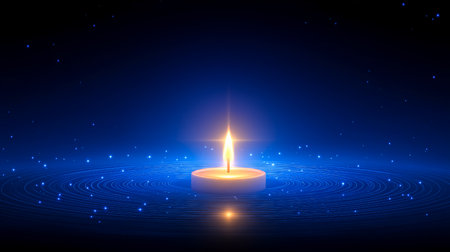 Candle flame flickers gently in dark blue environment surrounded by sparkles. Soft light creates tranquil ambiance ideal for relaxation and meditation.の素材